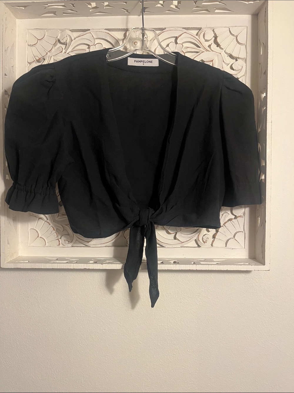 Pampelone Black Tie-Front Puff Sleeve Blouse